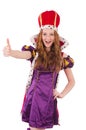 Pretty young queen in purple dress isolated on Royalty Free Stock Photo