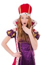 Pretty young queen in purple dress isolated on Royalty Free Stock Photo