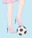 Pretty young slim girl holds soccer ball under shoe heel. Hand drawn color sketch. Conceptual vector illustration of