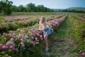 Pretty Young tender woman walking in the tea roses field. Blond lady wearing jeans and retro hat enjoy summer day Royalty Free Stock Photo
