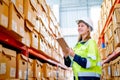 Pretty young warehouse worker woman hold tablet and look to product boxes on shelves during check stock in workplace area Royalty Free Stock Photo