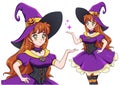 Pretty young witch. Announce Halloween Party. Hand drawn retro anime girl