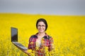 Farmer woman with laptop in rapeseed field Royalty Free Stock Photo