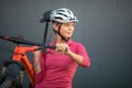 Pretty, young woman biking on a mountain bike Royalty Free Stock Photo