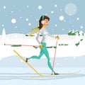 Pretty young woman on cross country skiing running in the woods Royalty Free Stock Photo