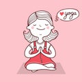 Pretty young woman do yoga. Vector pink card with beautiful girl practicing meditation hand drawn illustration