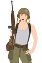 Pretty young woman dressed in wwii military uniform with helmet and rifle