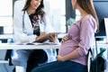 Pretty young woman gynecologist reviewing the documents of her pregnant patient in the clinic Royalty Free Stock Photo