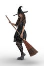 Pretty young woman in Halloween witch costume holding a broomstick. Isolated 3D rendering