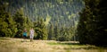 Hikers outdoors in splendid alpine setting