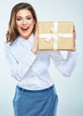 Pretty young woman hold paper gift box. White background isolat Royalty Free Stock Photo