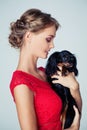 Pretty Young Woman with Little Dog on White Royalty Free Stock Photo