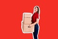 Pretty young woman loves her job. Delivery girl is holding a heap of boxes Magazine collage style with trendy color background