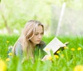 Pretty young woman lying on grass with dandelions and reading a book Royalty Free Stock Photo