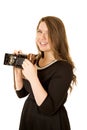 Pretty young woman photographer holding an antique camera Royalty Free Stock Photo