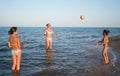 Pretty young woman plays ball with her daughters