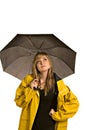 Pretty young woman in a raincoat with umbrella