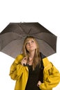 Pretty young woman in raincoat with umbrella