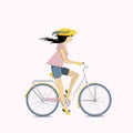 Pretty young woman riding bike. Flat vector illustration