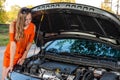 Pretty, young woman by the roadside after her car has broken down - Image Royalty Free Stock Photo