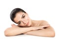 Pretty Young Woman Spa Model. Smiling Woman Relaxing on White Royalty Free Stock Photo