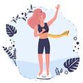 Pretty young woman standing on scale and measures her waist. Happy slim girl lost weight. Flat cartoon vector illustration on Royalty Free Stock Photo