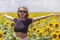 Young woman on a sunflowers field Royalty Free Stock Photo