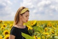 Young woman on a sunflowers field Royalty Free Stock Photo