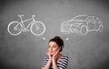 Woman making a choice between bicycle and car Royalty Free Stock Photo