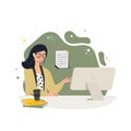 Pretty young woman, teacher working at the computer, studying and shopping online. Flat style vector illustration