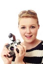 Pretty young woman with vintage camera kit Royalty Free Stock Photo