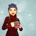 Pretty young woman wearing a blue kitten beanie hat holding a Christmas coffee cup