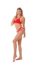 Pretty young woman wearing stylish bikini on  background Royalty Free Stock Photo