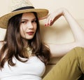 Pretty young woman wearing sunglasses and summer hat, fashion people concept hipster Royalty Free Stock Photo
