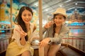 Pretty young women sitting on the swivel chair Royalty Free Stock Photo