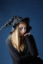 Pretty zombie girl with black tears and cut throat in hat Royalty Free Stock Photo