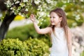 Prettyl smiling little girl in cream dressin the blossom garden Royalty Free Stock Photo