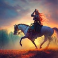 Prety woman warior riding a horse AI