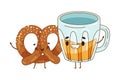 Pretzel and beer mug characters holding by hands. Perfect couple, friends forever cartoon vector illustration