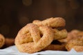 Pretzel cookies with sugar on a Christmas background. Sugar cookies. Royalty Free Stock Photo