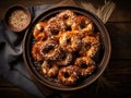 Pretzel Cookies in Wood Bowl. Small Salted Pretzels, Crispy Beer Snack, German Brezel