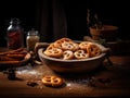 Pretzel Cookies in Wood Bowl. Small Salted Pretzels, Crispy Beer Snack, German Brezel