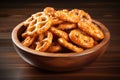 Pretzel Cookies in Wood Bowl. Small Salted Pretzels, Crispy Beer Snack, German Brezel