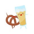 Pretzel and glass of beer are friends forever, fast food menu funny cartoon characters vector Illustration on a white
