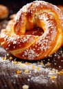 A pretzel with sugar and salt on a wooden table, AI