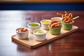 pretzels with assorted dips in small bowls Royalty Free Stock Photo