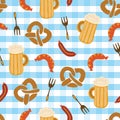 Pretzels beer sausage fork seamless vector pattern