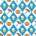 Pretzels beer sausage lined up seamless vector illustration pattern. Beer pretzel sausages in a row.Blue and white checkered backg
