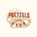 Pretzels and Beer Week Abstract Vector Sign, Symbol or Logo Template. Hand Drawn Pretzel and Mug with Classic Typography