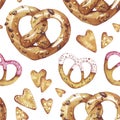 Pretzels hearts. St. Valentine day. Seamless pattern. Love. Food. Perfect for greetings, invitations, manufacture wrapping paper,